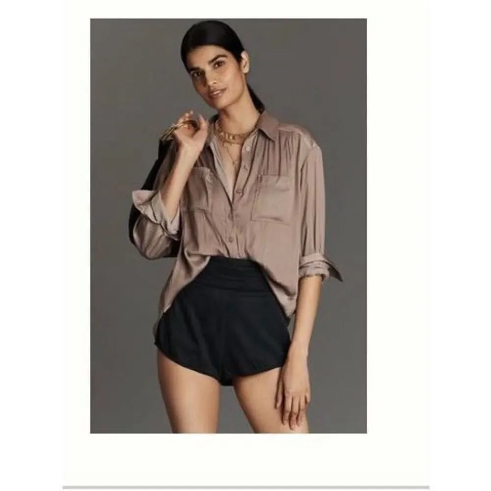 Anthropologie Long Sleeve Satin Gray Button Up Blouse NWT